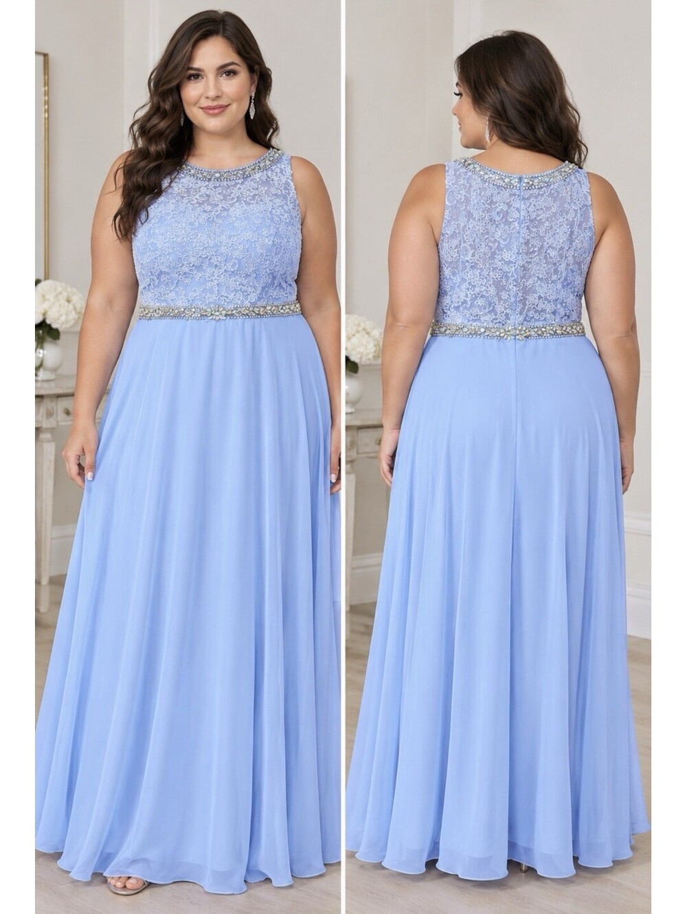Platinum Label Blue Chiffon Embellished Floor-Length Prom Ball Gown Dress Sz 16